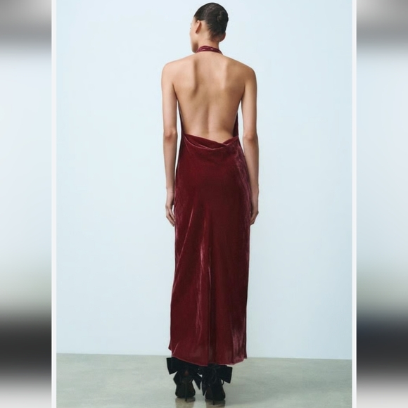 Zara Bloggers Favorite Raspberry Velvet Halter Dress Size Small - Picture 3 of 13